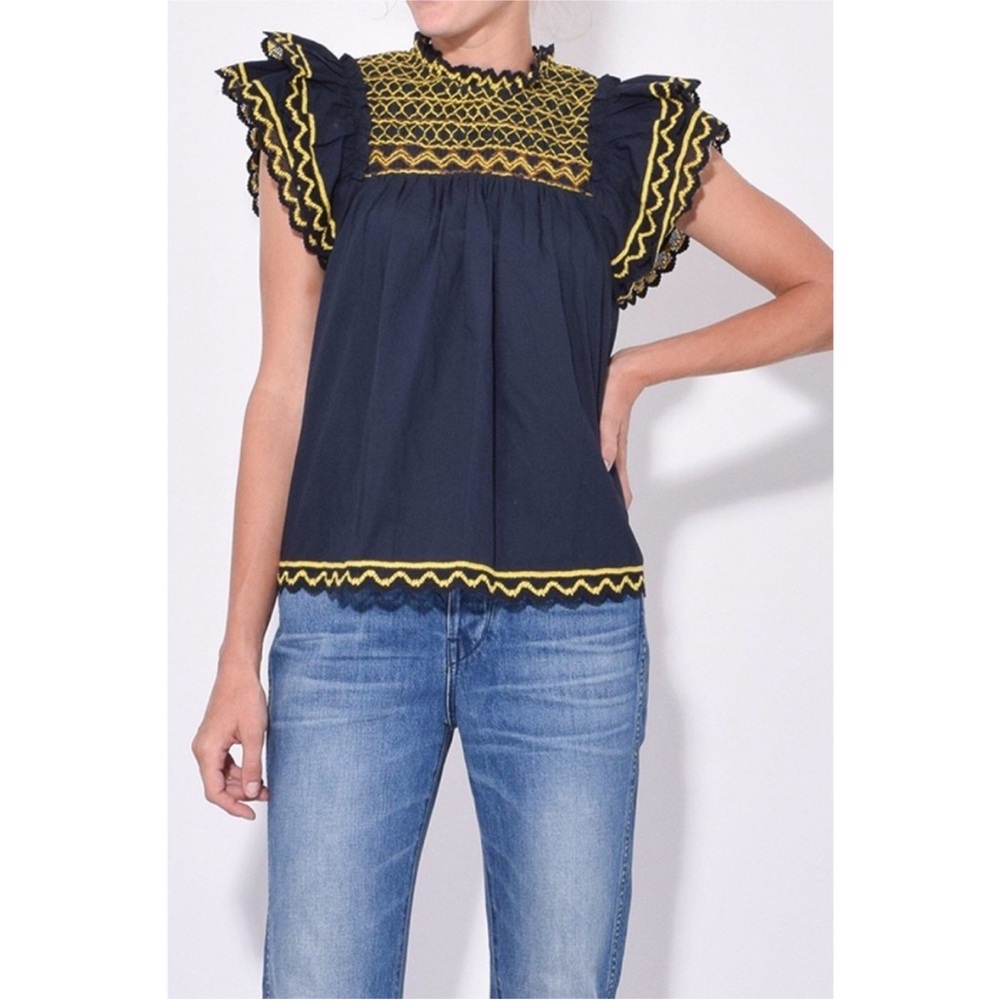 Ulla Johnson Midnight Blue and Yellow Embroidered Blouse Flutter Smocked - 6‎